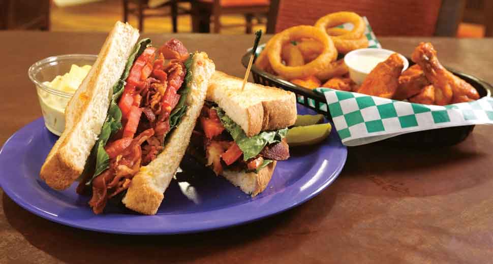 Sandwich and onion rings at Smiley's Riverwalk Casino Hotel